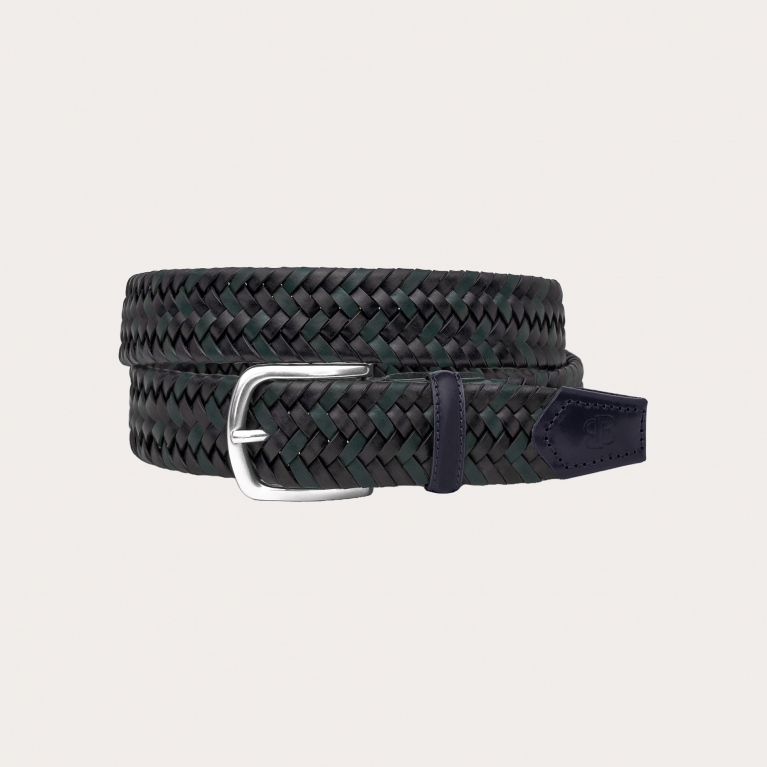 Extra-long elastic braided leather belt, green and blue