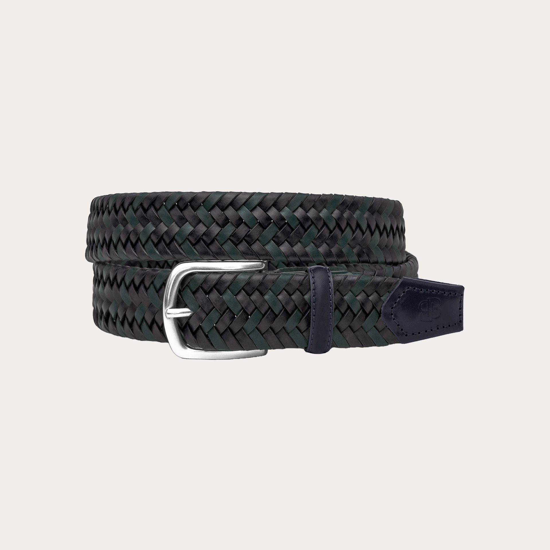 Extra-long elastic braided leather belt, green and blue