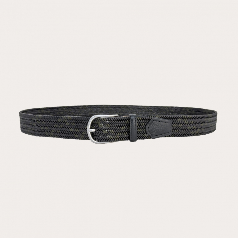 Extra-long elastic braided bicolor leather belt in green and black