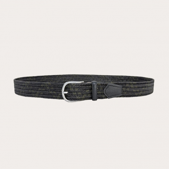 Extra-long elastic braided bicolor leather belt in green and black