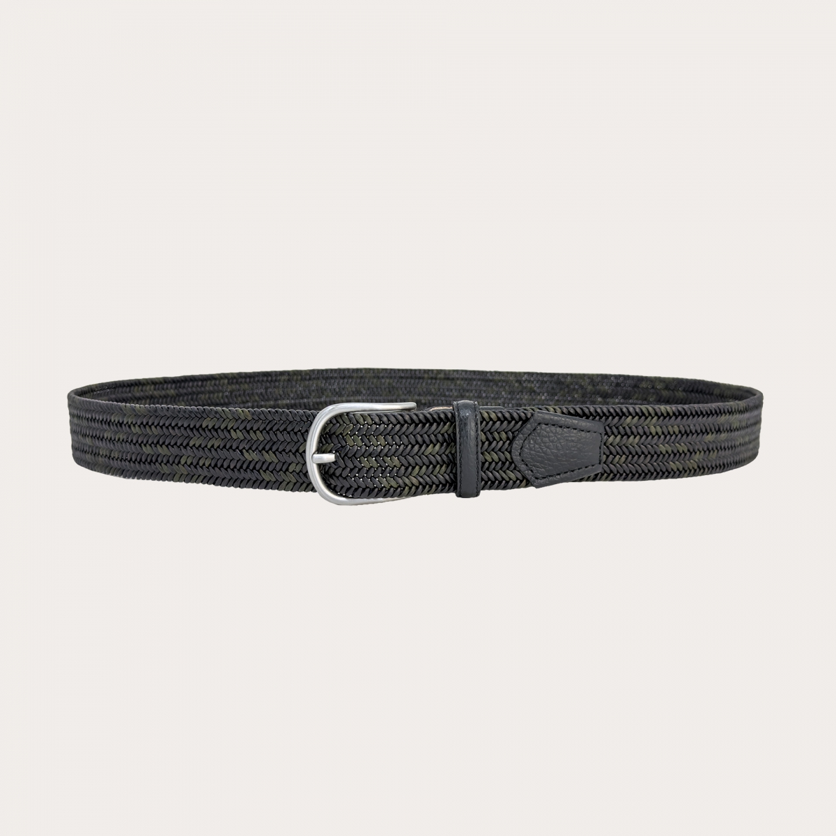 Extra-long elastic braided bicolor leather belt in green and black