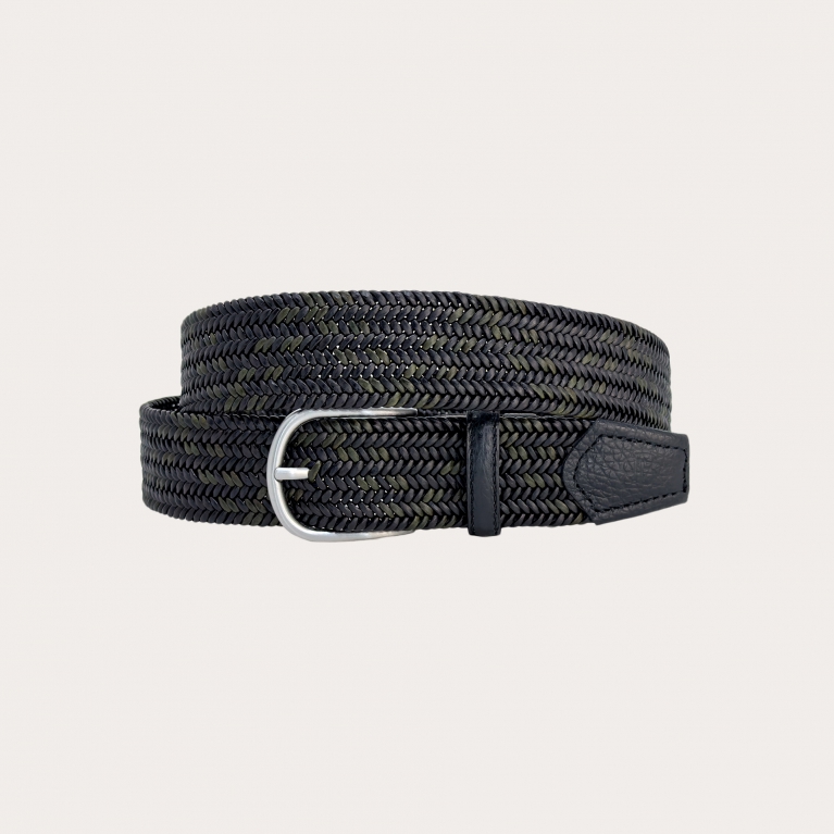 Extra-long elastic braided bicolor leather belt in green and black