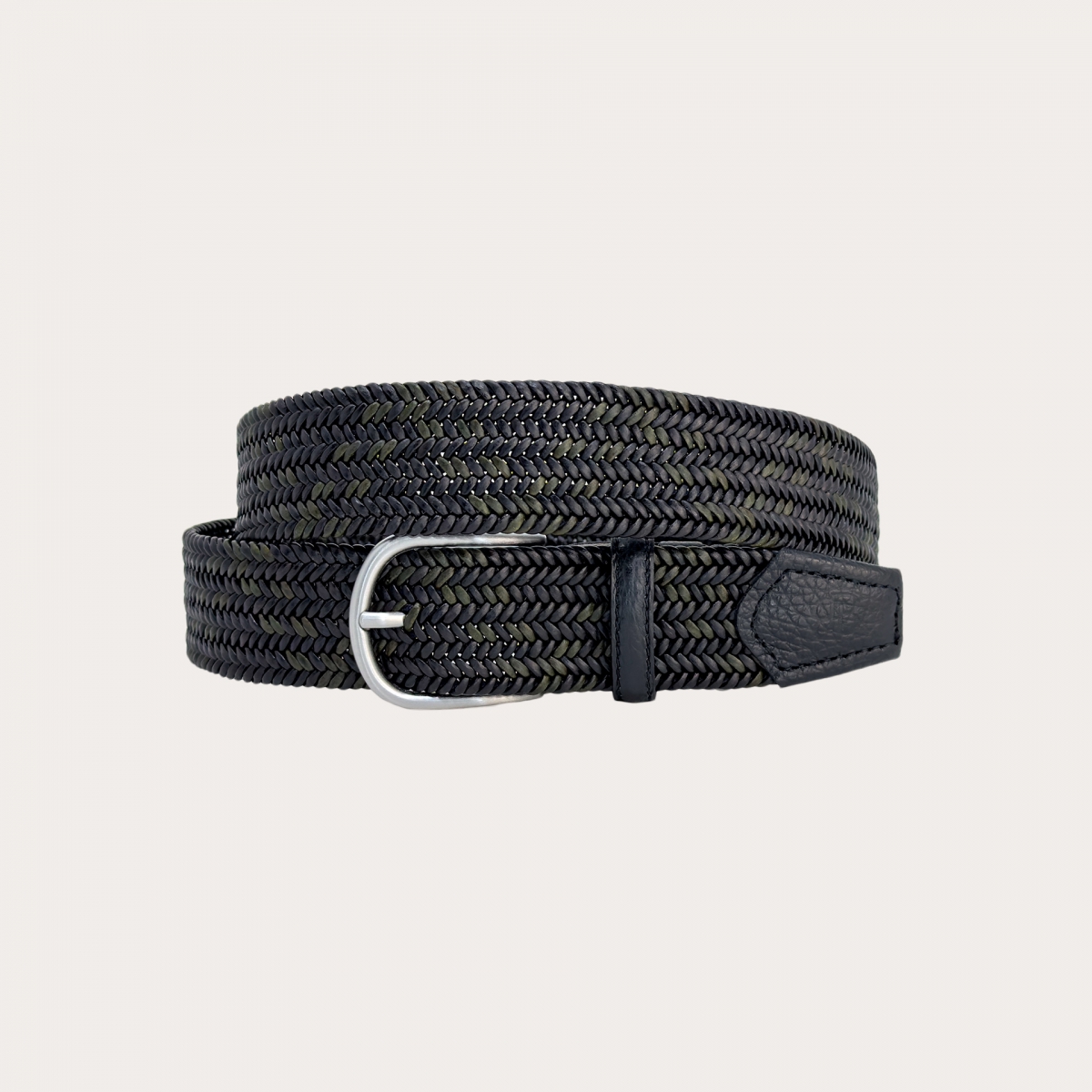 Extra-long elastic braided bicolor leather belt in green and black