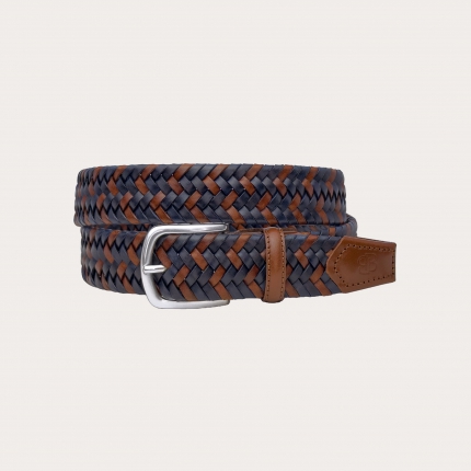 Extra-long elastic braided leather belt in brown and blue