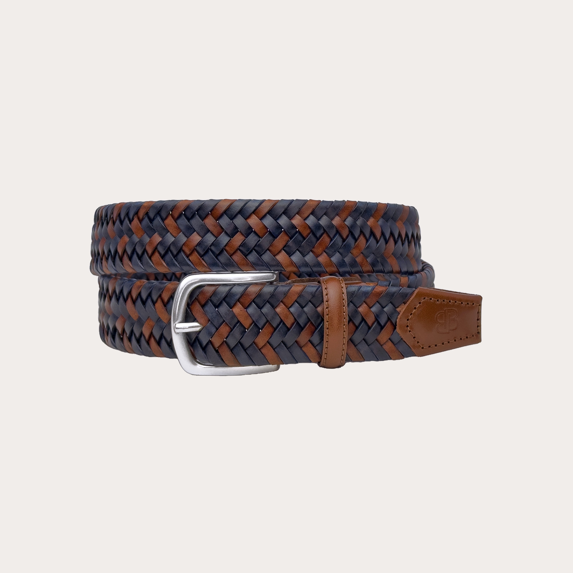 Extra-long elastic braided leather belt in brown and blue