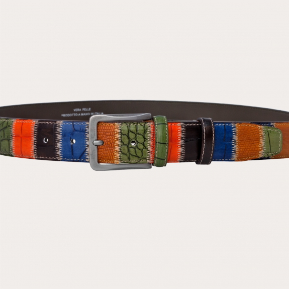 Ceinture patchwork artisanale extra longue multicolore en cuir