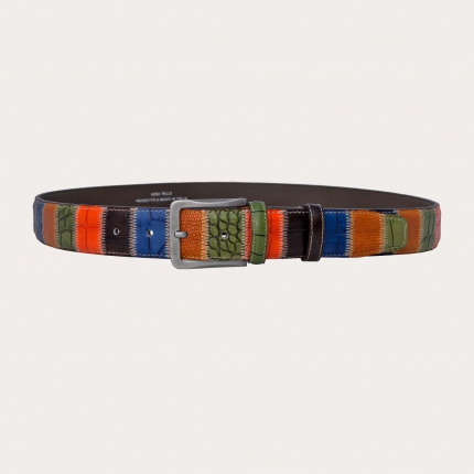 Ceinture patchwork artisanale extra longue multicolore en cuir