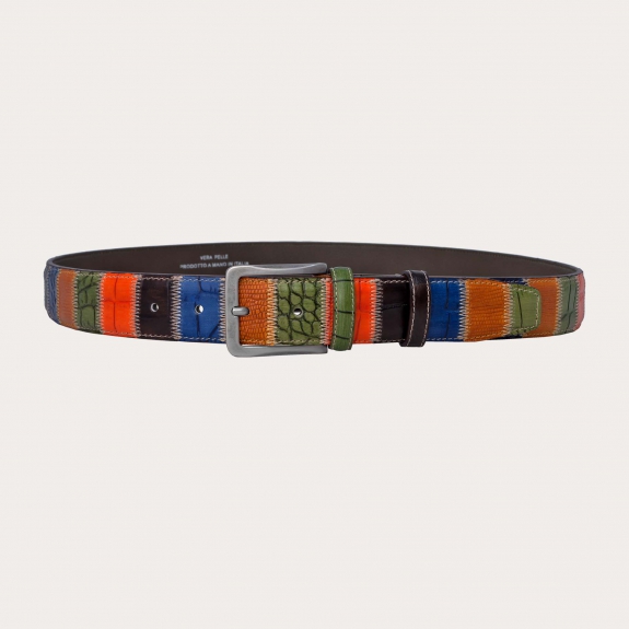 Ceinture patchwork artisanale extra longue multicolore en cuir