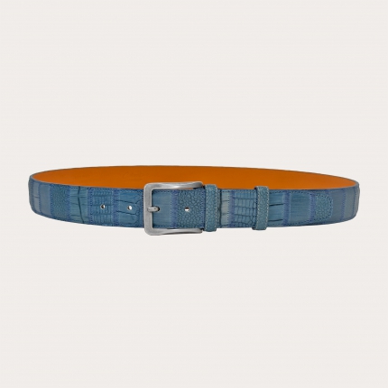 Extra-long blue jeans leather belt with patchwork design