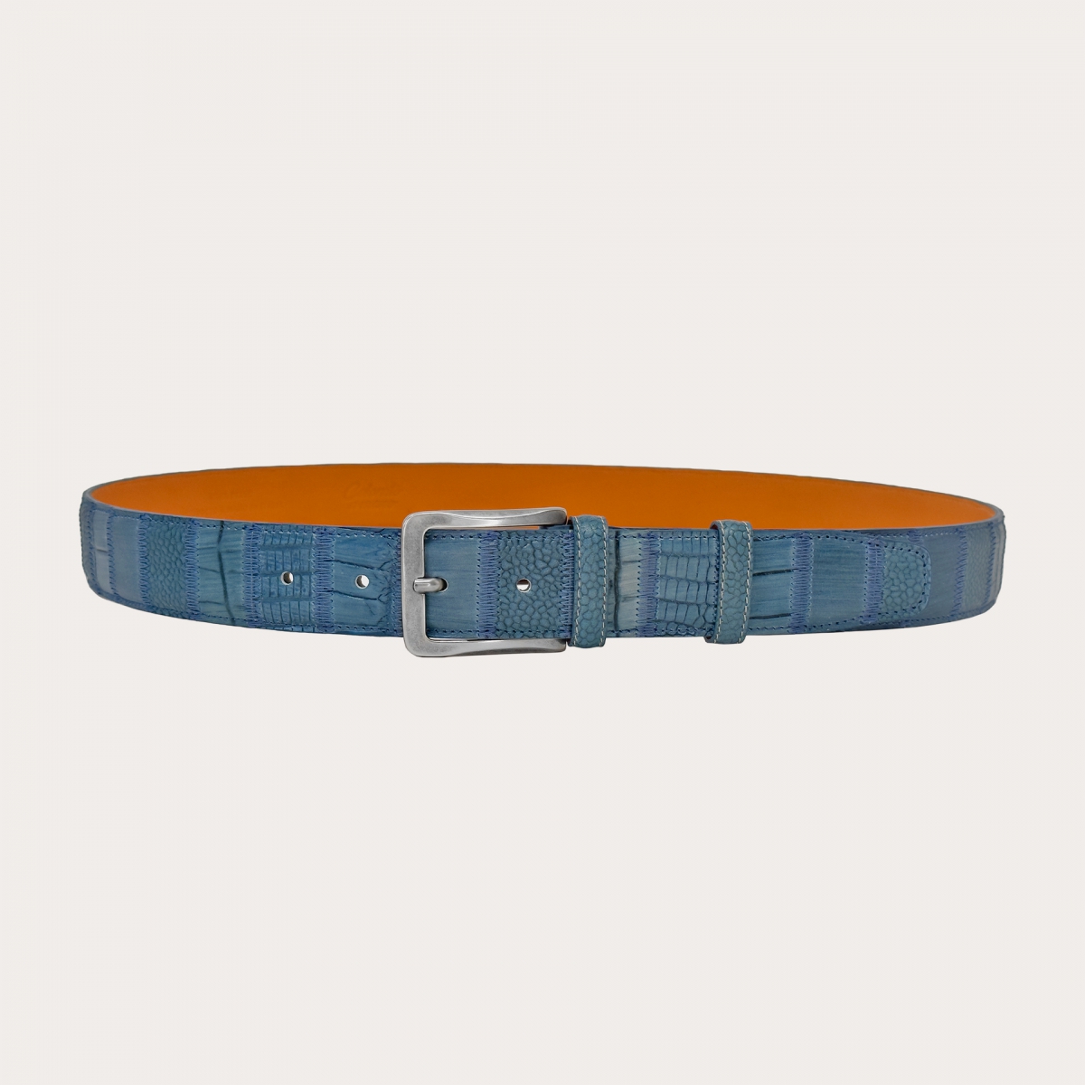 Extra-long blue jeans leather belt with patchwork design