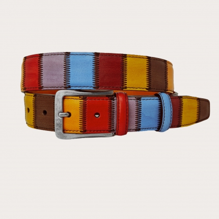 Extra-long multicolor patchwork belt in hand-dyed leather