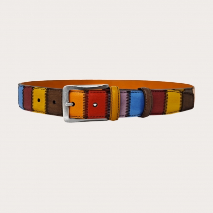 Extra-long multicolor patchwork belt in hand-dyed leather