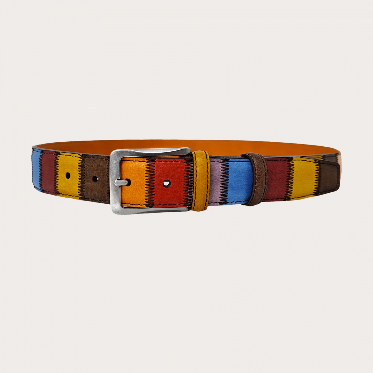 BRUCLE Multicolor patchwork belt in hand-dyed leather