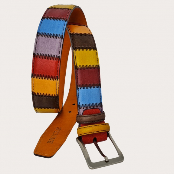 BRUCLE Multicolor patchwork belt in hand-dyed leather