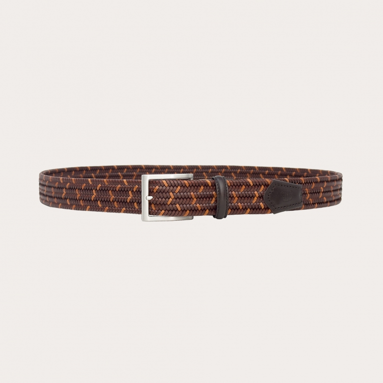 Extra-long brown and cognac elastic braided belt in regenerated leather