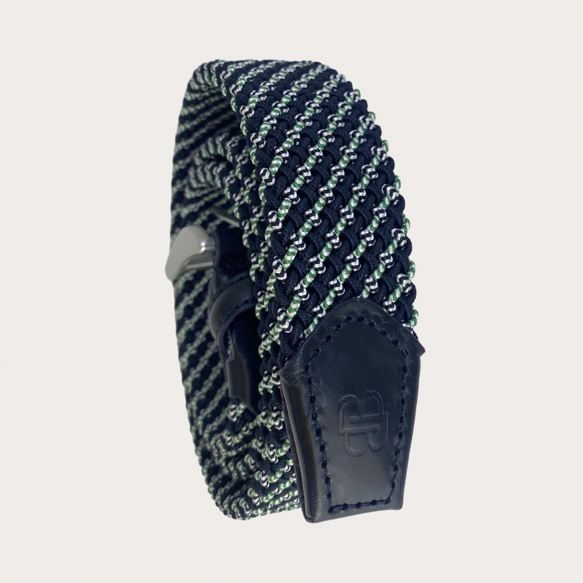 Extra-long elastic braided belt in blue, green, and white