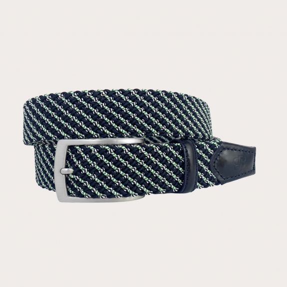 Extra-long elastic braided belt in blue, green, and white