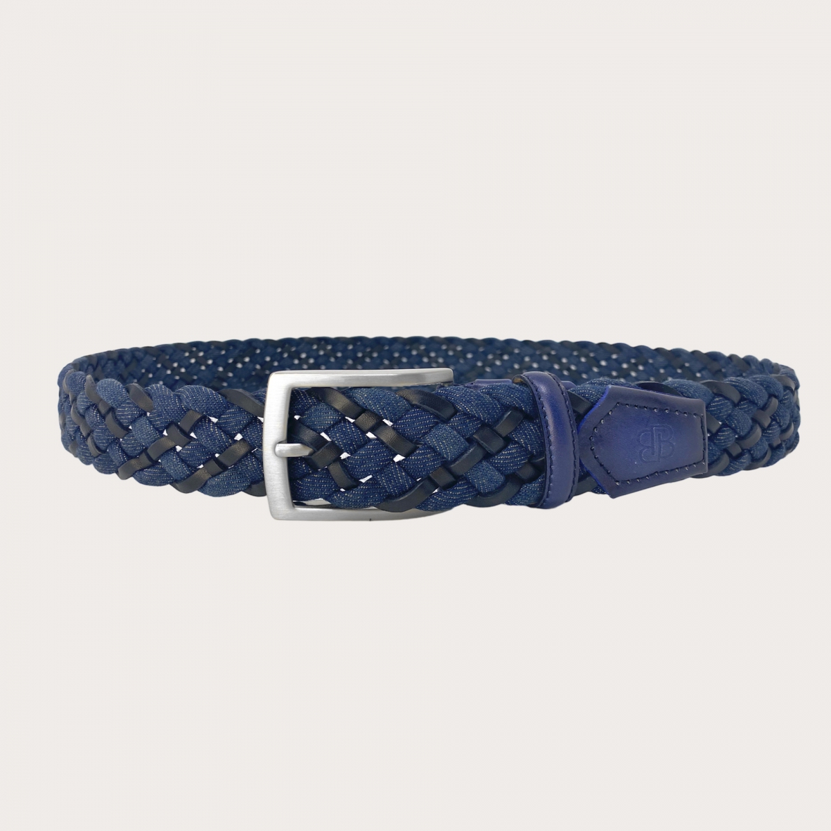 Extra-long blue and black braided jeans belt