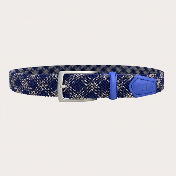 Extra-long blue and beige elastic braided belt, nickel-free