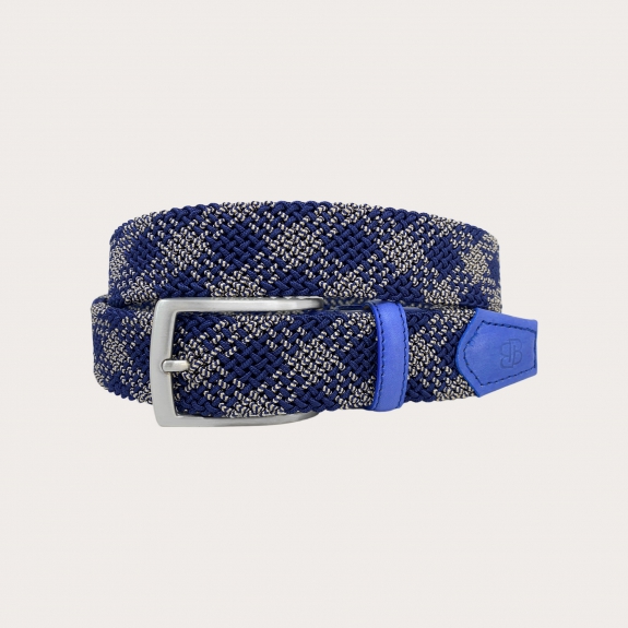 Extra-long blue and beige elastic braided belt, nickel-free