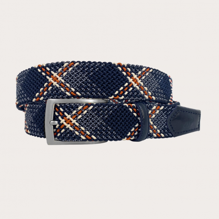 Extra-long blue, orange, and beige elastic braided belt