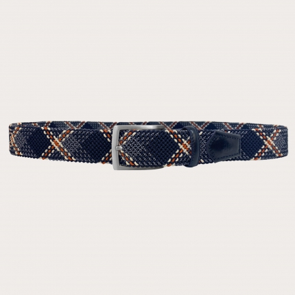 Extra-long blue, orange, and beige elastic braided belt