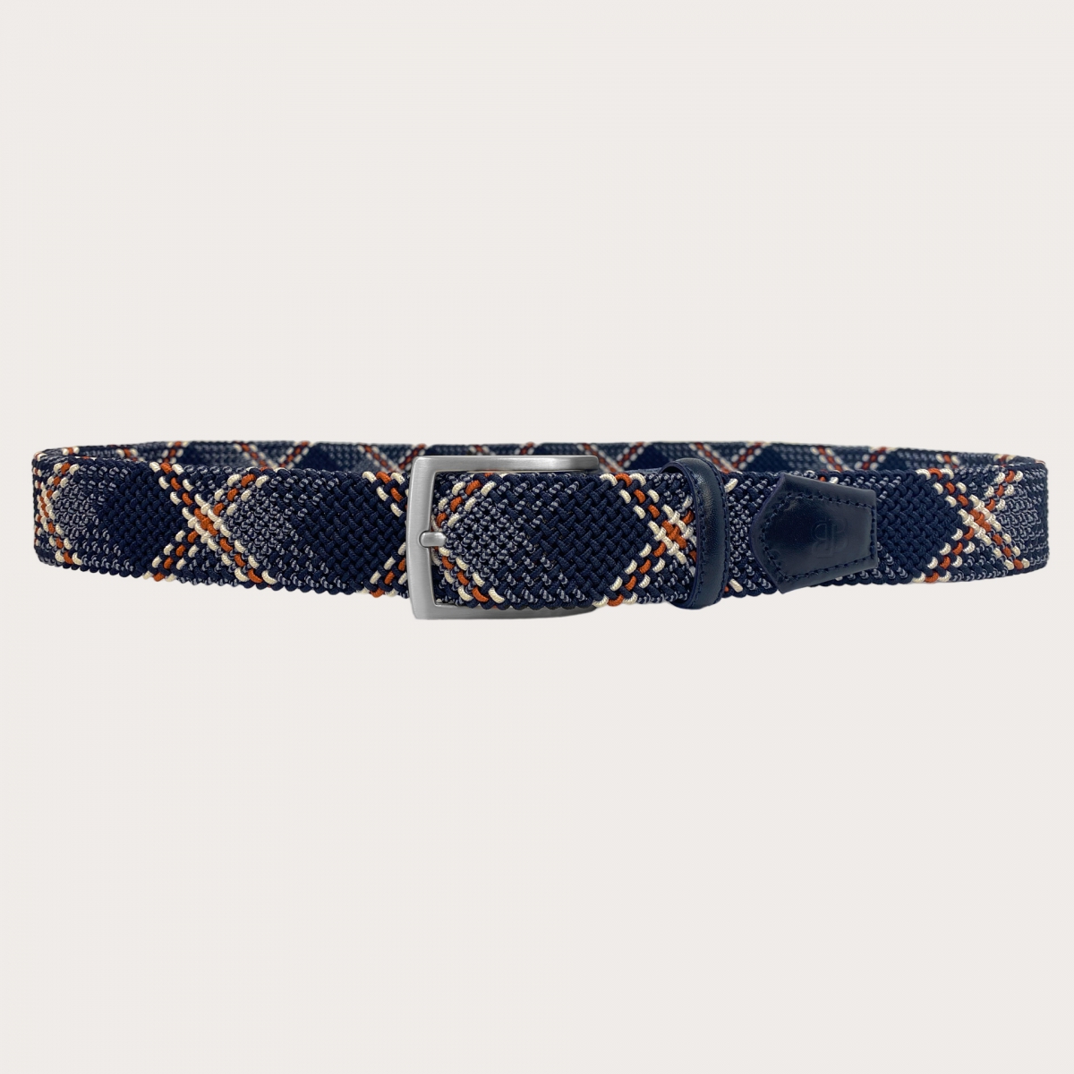 Extra-long blue, orange, and beige elastic braided belt