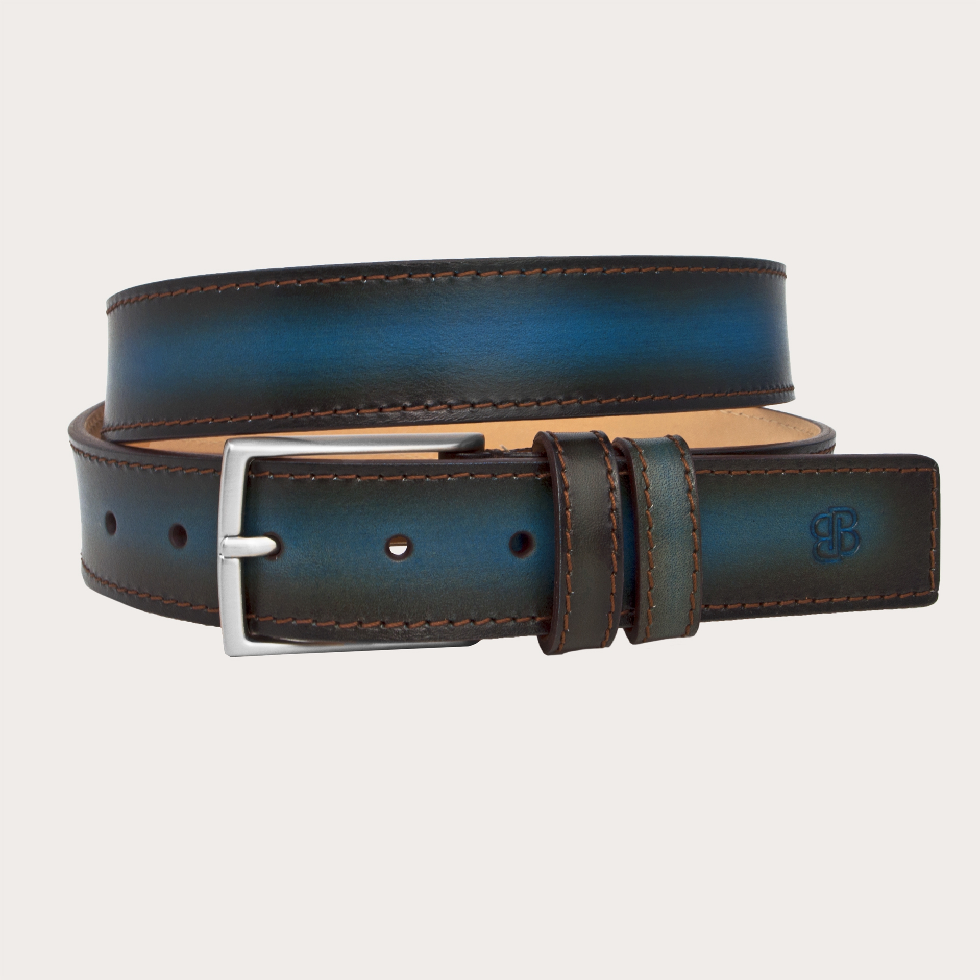 Ceinture bleue et marron teinte à la main, extra longue