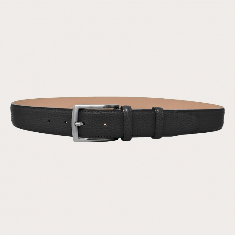 Extra-long black belt in elk print leather