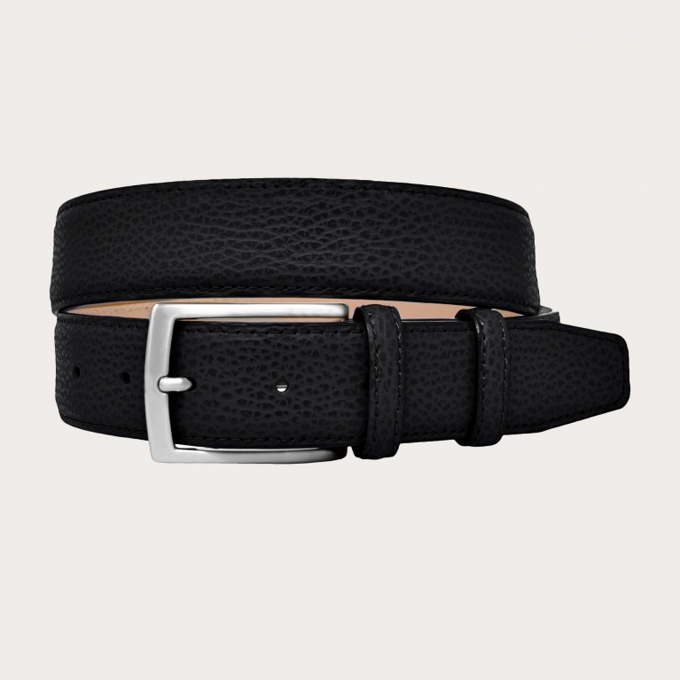 Extra-long black belt in elk print leather