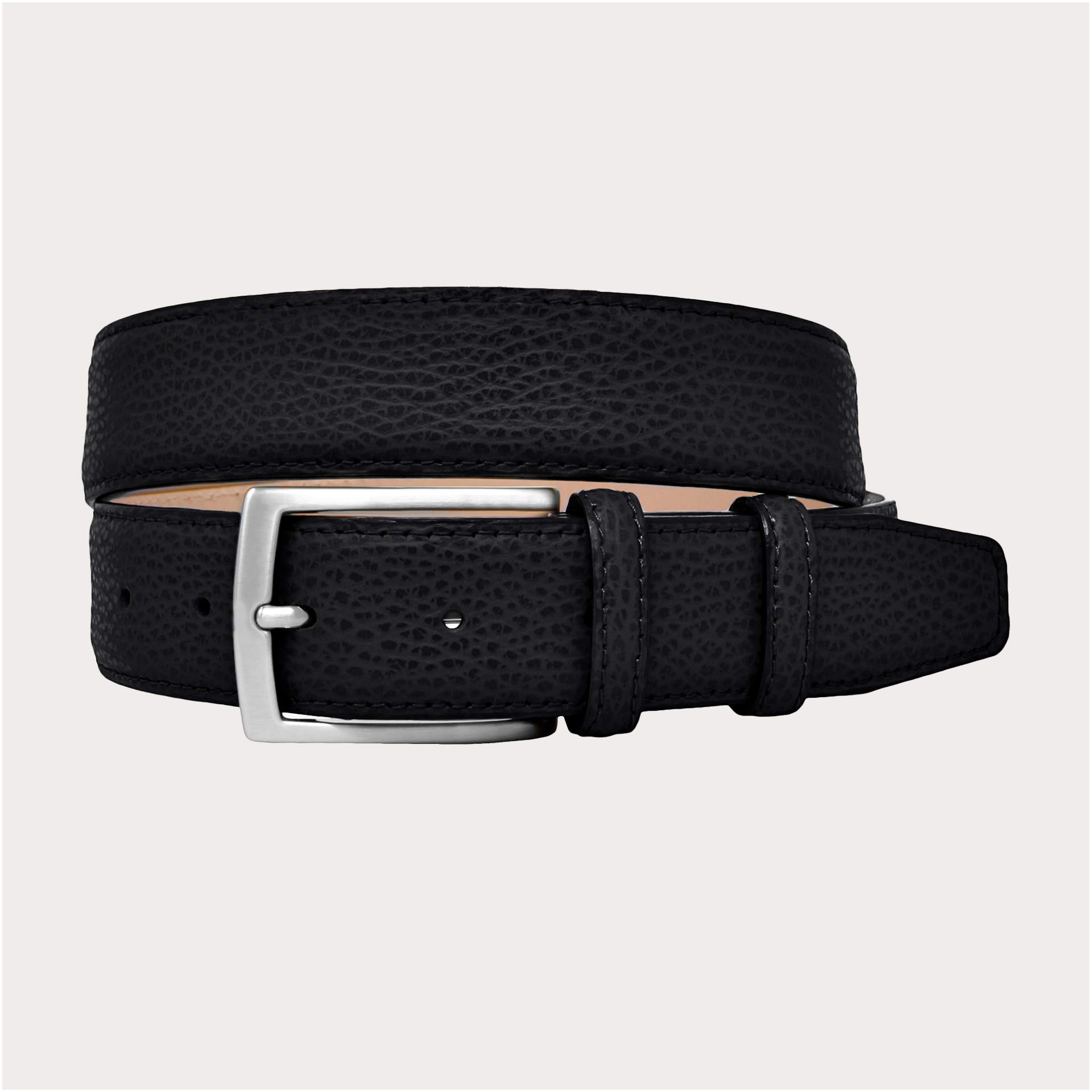 Extra-long black belt in elk print leather