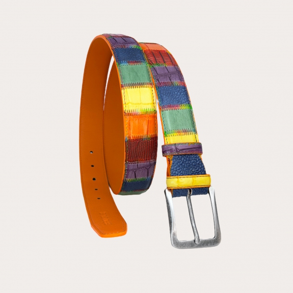 Extra-long multicolored patchwork rainbow belt in genuine leather