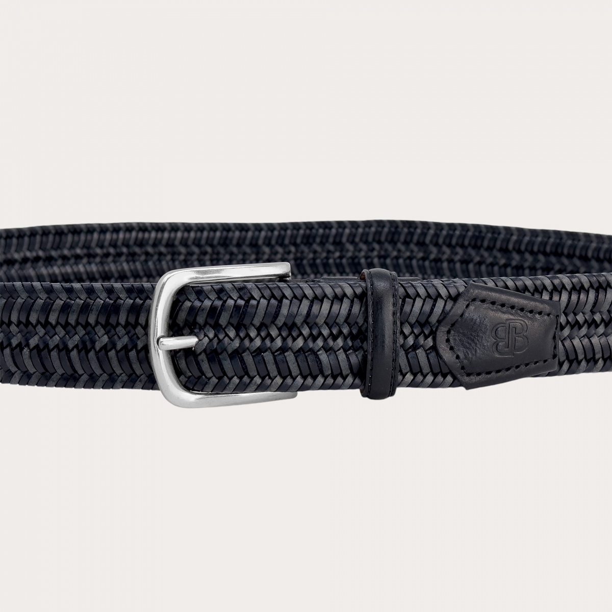 Braided elastic belt in black and grey leather