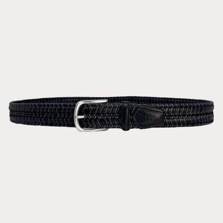 Braided elastic belt in black and grey leather