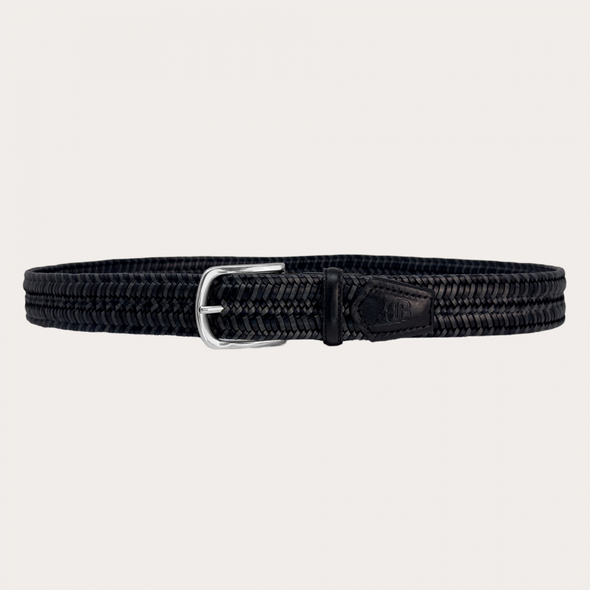 Braided elastic belt in black and grey leather