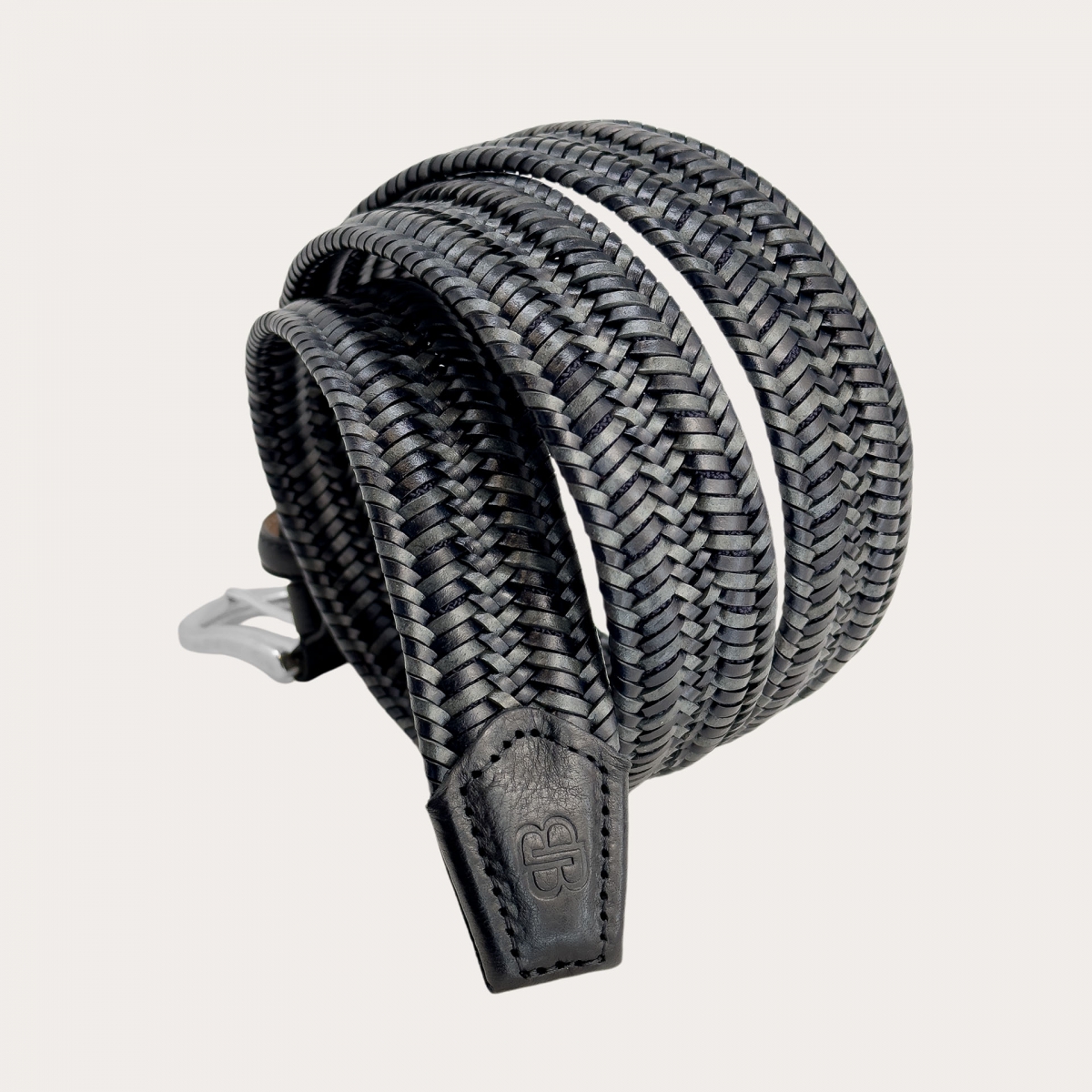 Braided elastic belt in black and grey leather