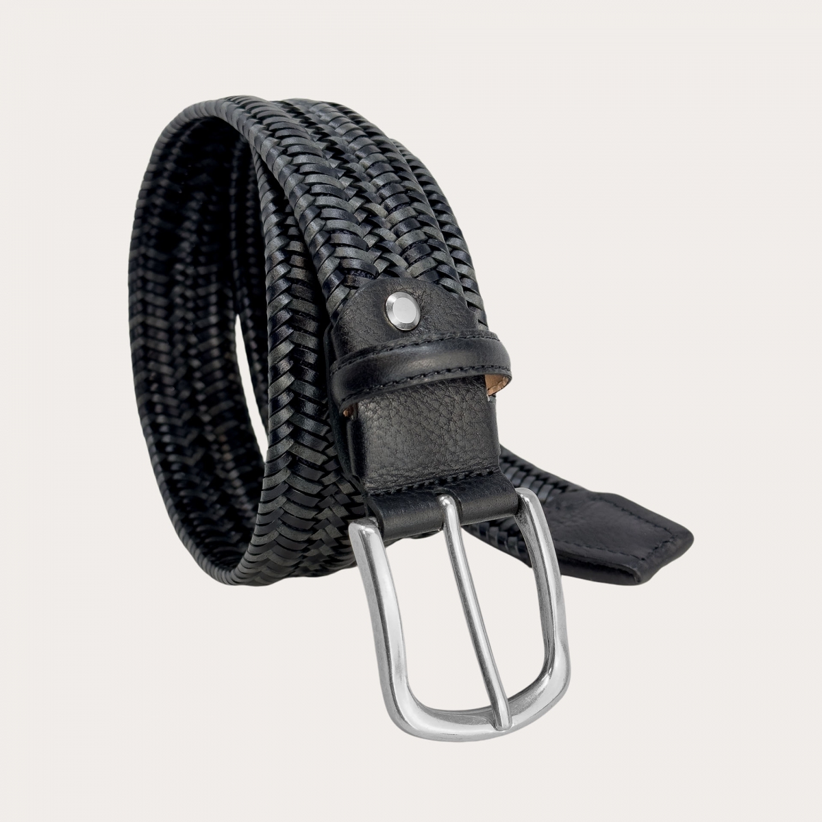 Braided elastic belt in black and grey leather