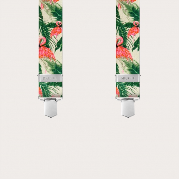 Satin-effect elastic suspenders, flamingo pattern