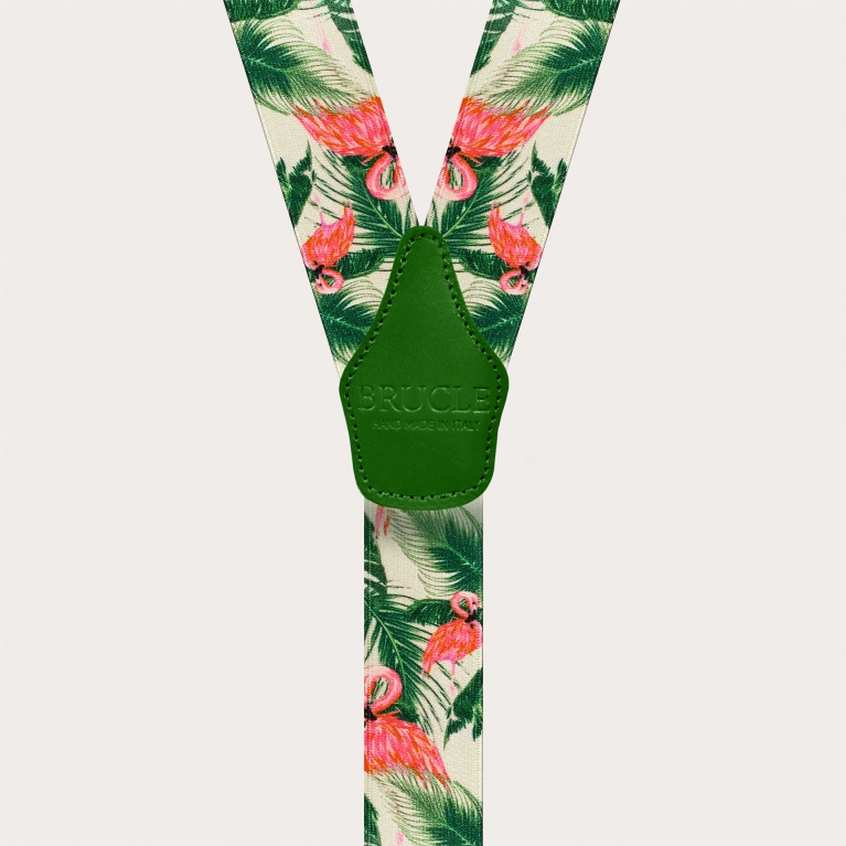 Satin-effect elastic suspenders, flamingo pattern