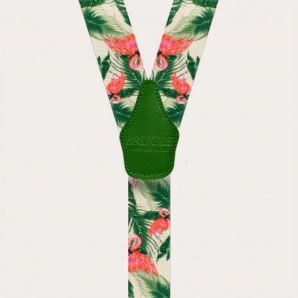 Satin-effect elastic suspenders, flamingo pattern