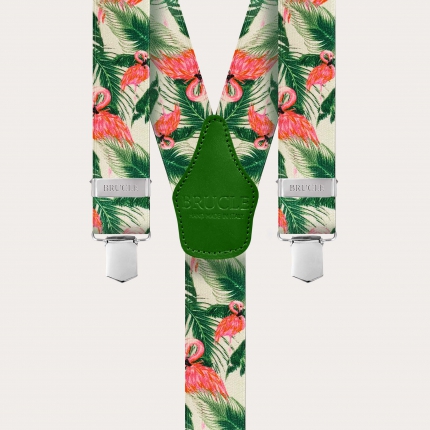 Satin-effect elastic suspenders, flamingo pattern