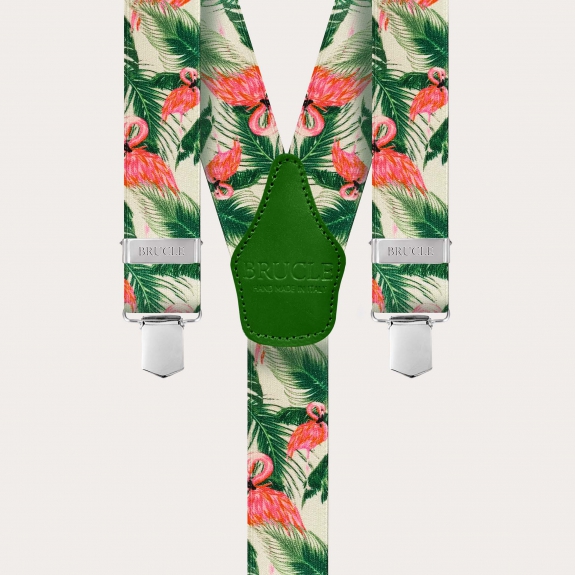 Satin-effect elastic suspenders, flamingo pattern