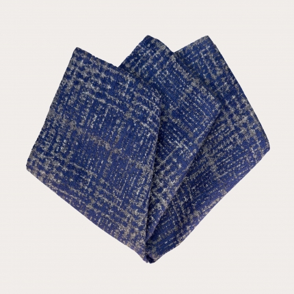 Men's pocket square in grey and blue tartan silk and wool