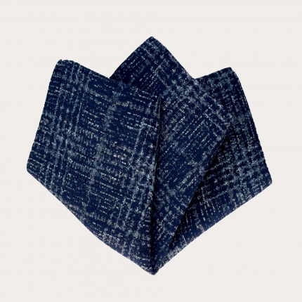 Pocket square in navy blue and cerulean tartan wool and silk