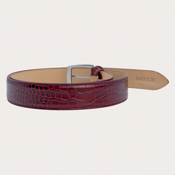 Extra long burgundy belt in genuine crocodile-embossed leather