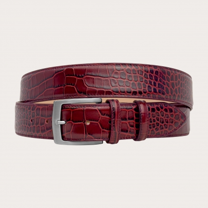 Extra long burgundy belt in genuine crocodile-embossed leather