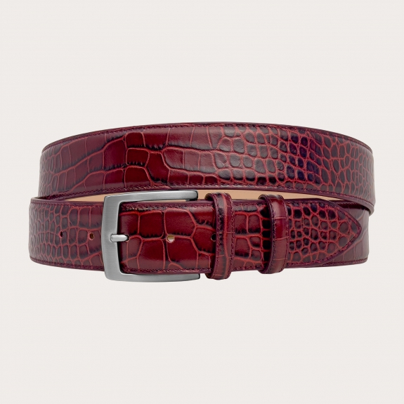 Ceinture extra longue bordeaux en véritable cuir embossé crocodile