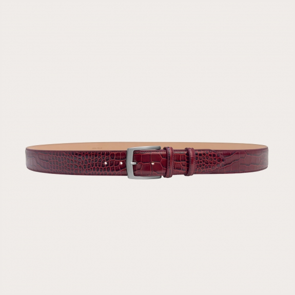 Extra long burgundy belt in genuine crocodile-embossed leather