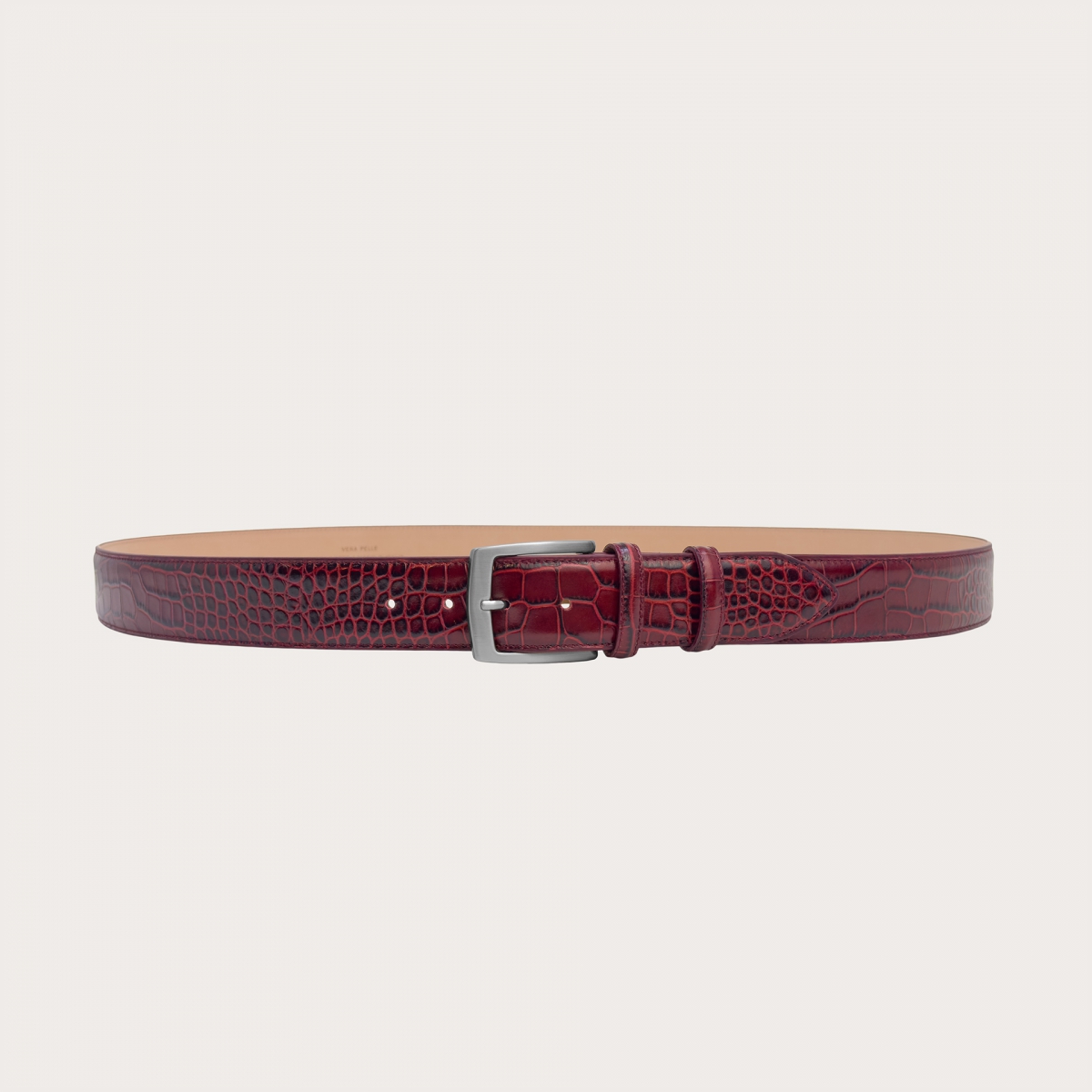 Extra long burgundy belt in genuine crocodile-embossed leather