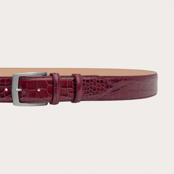 Extra long burgundy belt in genuine crocodile-embossed leather